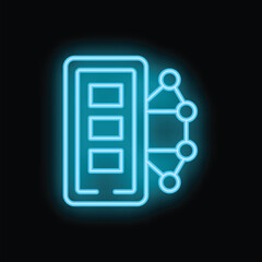 Poster - Glowing neon icon of a mobile phone with data displayed on its screen connecting to a network, representing data sharing
