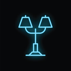Poster - blue neon sign depicting a floor lamp with two lights, glowing on a black background