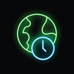 Poster - Neon sign of a clock indicating different time zones across the world