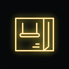 Poster - Bright yellow neon icon of a wardrobe with a hanger glowing on a black background