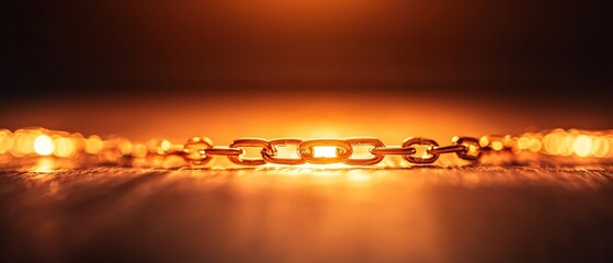 Poster - A close-up of a glowing chain with warm light, highlighting the texture and details, set against a dark background.