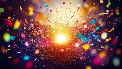 Wall Mural - Dynamic explosion of colorful confetti and streamers in mid-air, with a blurred festive background and bright lights, leaving space for text placement