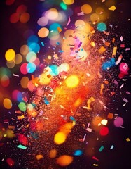 Wall Mural - Dynamic explosion of colorful confetti and streamers in mid-air, with a blurred festive background and bright lights, leaving space for text placement