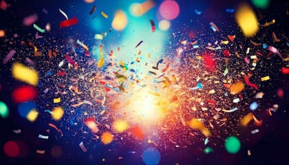 Wall Mural - Dynamic explosion of colorful confetti and streamers in mid-air, with a blurred festive background and bright lights, leaving space for text placement