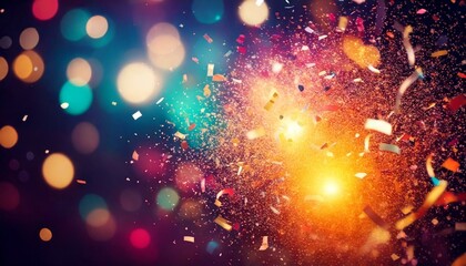 dynamic explosion of colorful confetti and streamers in mid-air, with a blurred festive background a