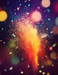 Wall Mural - Dynamic explosion of colorful confetti and streamers in mid-air, with a blurred festive background and bright lights, leaving space for text placement