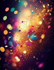 dynamic explosion of colorful confetti and streamers in mid-air, with a blurred festive background a