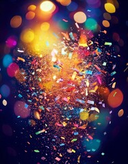 Wall Mural - Dynamic explosion of colorful confetti and streamers in mid-air, with a blurred festive background and bright lights, leaving space for text placement