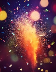 Wall Mural - Dynamic explosion of colorful confetti and streamers in mid-air, with a blurred festive background and bright lights, leaving space for text placement
