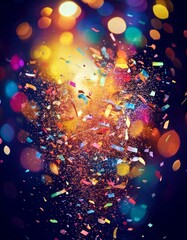 Wall Mural - Dynamic explosion of colorful confetti and streamers in mid-air, with a blurred festive background and bright lights, leaving space for text placement