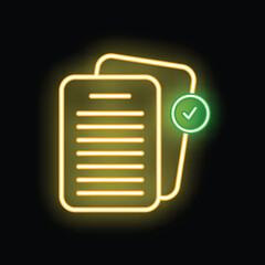 Poster - Glowing neon icon featuring documents with a prominent check mark, representing successful task completion