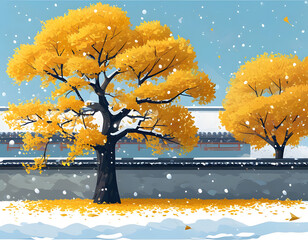 Wall Mural - Snowy Winter Landscape with Yellow Trees