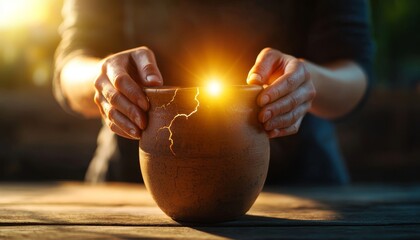 Poster - A person gently holds a cracked pot, emanating a warm glow, symbolizing creativity and the beauty of imperfection.