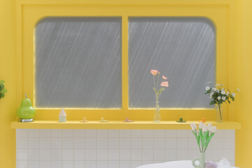 Aufkleber - bright yellow interior features window with soft light, showcasing decorative flowers and colorful objects on shelf