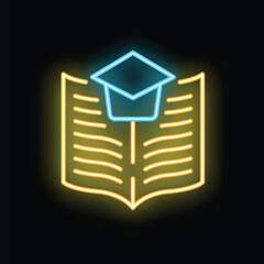 Poster - Neon sign illuminating graduation cap above open book, symbolizing education, learning, and academic achievement