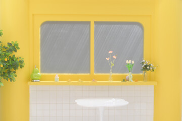 Wall Mural - bright yellow interior featuring window, plants, and decorative vases. cheerful atmosphere is enhanced by natural light streaming in