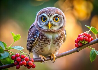 Adorable Spotted Owlet with Big Eyes Enjoying a Tiny Meal