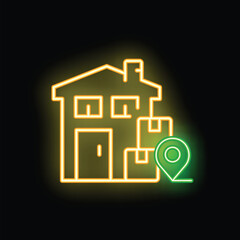 Poster - Neon sign showing a warehouse with cardboard boxes and a location pin glowing in the dark