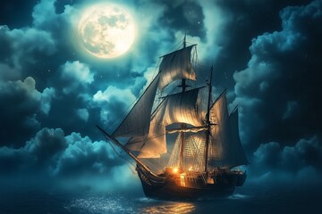 Poster - A pirate ship sailing through the sky, with glowing moonlight illuminating its sails