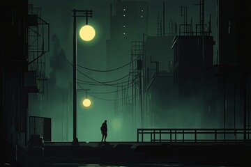 Poster - A noir-style cityscape with dark alleys, glowing streetlights, and a mysterious silhouette