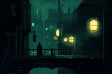 Poster - A noir-style cityscape with dark alleys, glowing streetlights, and a mysterious silhouette. --ar 3:2 --style raw --v 6.1 Job ID: 05704200-7032-4bdb-b05d-1dd94ef7b5c9