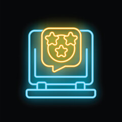 Poster - Neon sign of a laptop displaying a customer review with a five star rating
