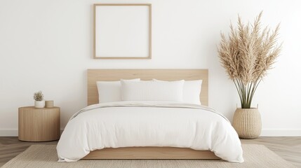 Wall Mural - Minimalist bedroom interior design, calm mood, wooden bed, pampas grass