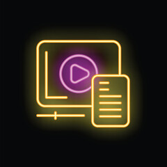 Poster - Neon icon of online video player displaying playlist on monitor glowing on black background