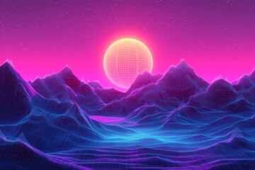 Poster - A neon, vaporwave-inspired desert landscape with wireframe mountains.