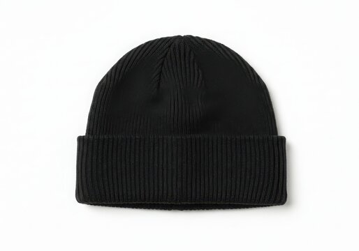 Black knitted beanie hat isolated on White transparent background