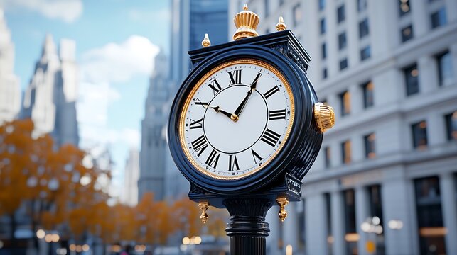Black And Gold Street Clock In Urban Setting