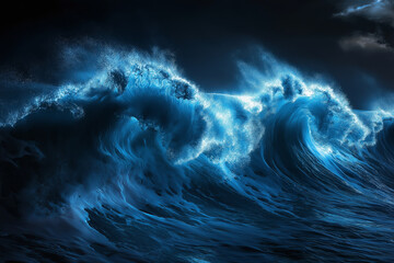 Aufkleber - a massive tidal wave frozen in time, mid-crash, with glowing blue hues.