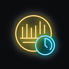 Poster - Neon glowing icon of a clock showing deadline for finishing market analysis with bar chart