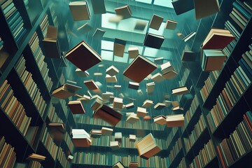 Poster - A library where books are floating mid-air, their pages turning by themselves.