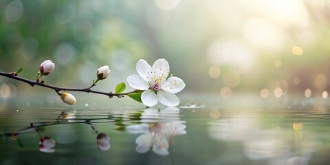 Wall Mural - Serene Blossom Branch Reflected in Still Water, a Symbol of Tranquility and Natural Beauty