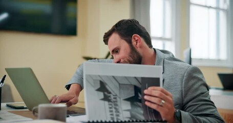 Poster - Phone call, documents and business man multitask, talking and typing on laptop. Mobile, computer and worker with paperwork for conversation with contact, marketing proposal or negotiation in office