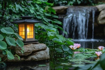 Wall Mural - Serene garden lantern by waterfall, tranquil pond, lush foliage