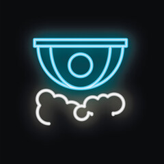 Wall Mural - Blue neon icon of a security camera recording in the clouds on a black background