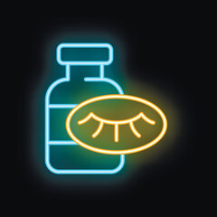 Poster - Neon eye drop bottle glowing with bright blue and yellow light on dark background