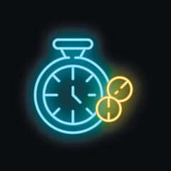 Poster - Neon sign of a clock showing the concept of time being money with its glowing lights