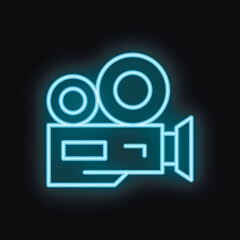 Poster - Blue neon sign of a retro movie camera glowing on black background, great for any project dealing with the entertainment industry