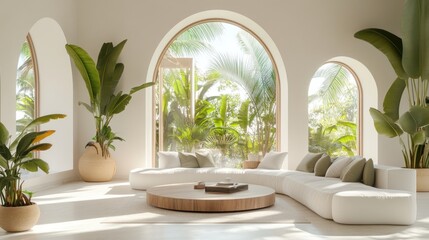 Wall Mural - Sunlit room with curved sofa, tropical view.