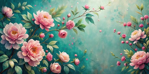 Wall Mural - A Flourishing Arrangement of Delicate Pink Blossoms on a Teal Canvas, Featuring Lush Greenery and Intricate Botanical Details