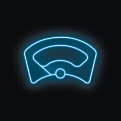 Poster - Blue neon sign illustrating a car speedometer, glowing on a dark background