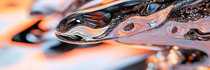 Poster - Abstract Render: Metallic Liquid Form with Orange and White Accents