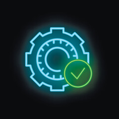 Poster - Neon icon showing a gear with a check mark, symbolizing a successful operation or process