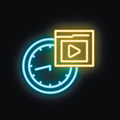 Wall Mural - Neon sign showing a video file playing over a clock icon, on a black background