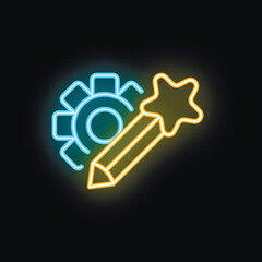 Poster - neon sign symbolizing creative solutions and ideas with a pencil drawing a star over a cogwheel