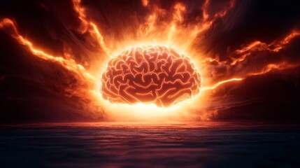 Poster - A fiery brain emerges from water, symbolizing explosive creativity and intense thoughts, surrounded by vibrant energy and radiance.