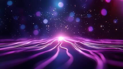 Poster - A vibrant, futuristic landscape featuring flowing purple waves and glowing orbs against a dark starry background.